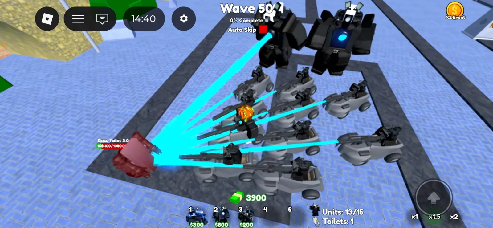 Cameraman Tower Defense Insane mode wave 50 with Boss Toilet 3.0 health bar during KAPTOH episode 3.