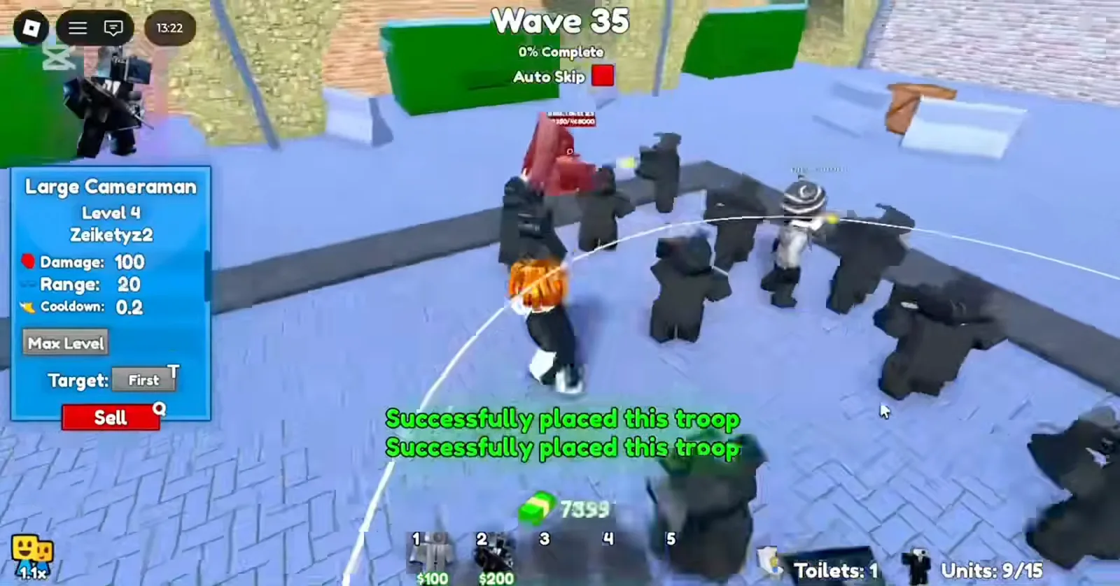 Cameraman Tower Defense Large Cameraman level 4 max panel at wave 35 with 7399 in-match cash in Gamz_Tree part 1.