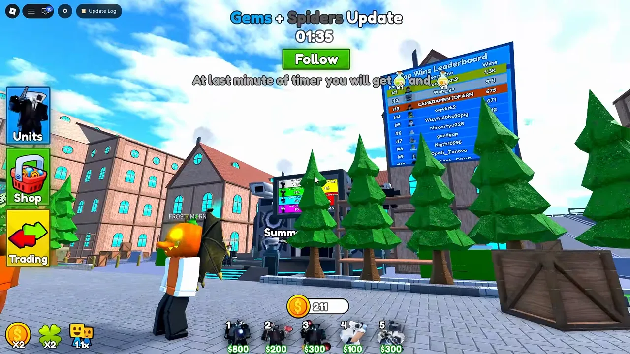 Cameraman Tower Defense lobby with Units, Shop, Trading, and Quests buttons for finding where codes and rewards are managed.