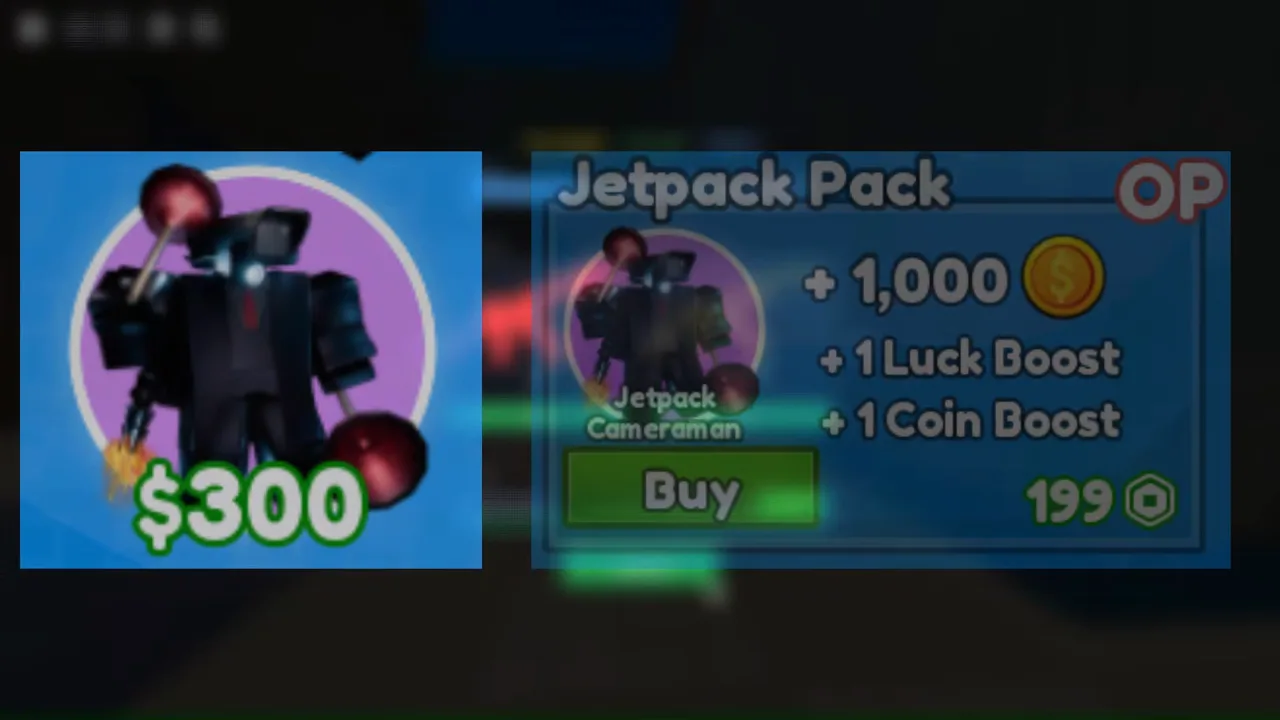 Cameraman Tower Defense Jetpack Pack Robux bundle with 1000 coins and luck and coin boosts.