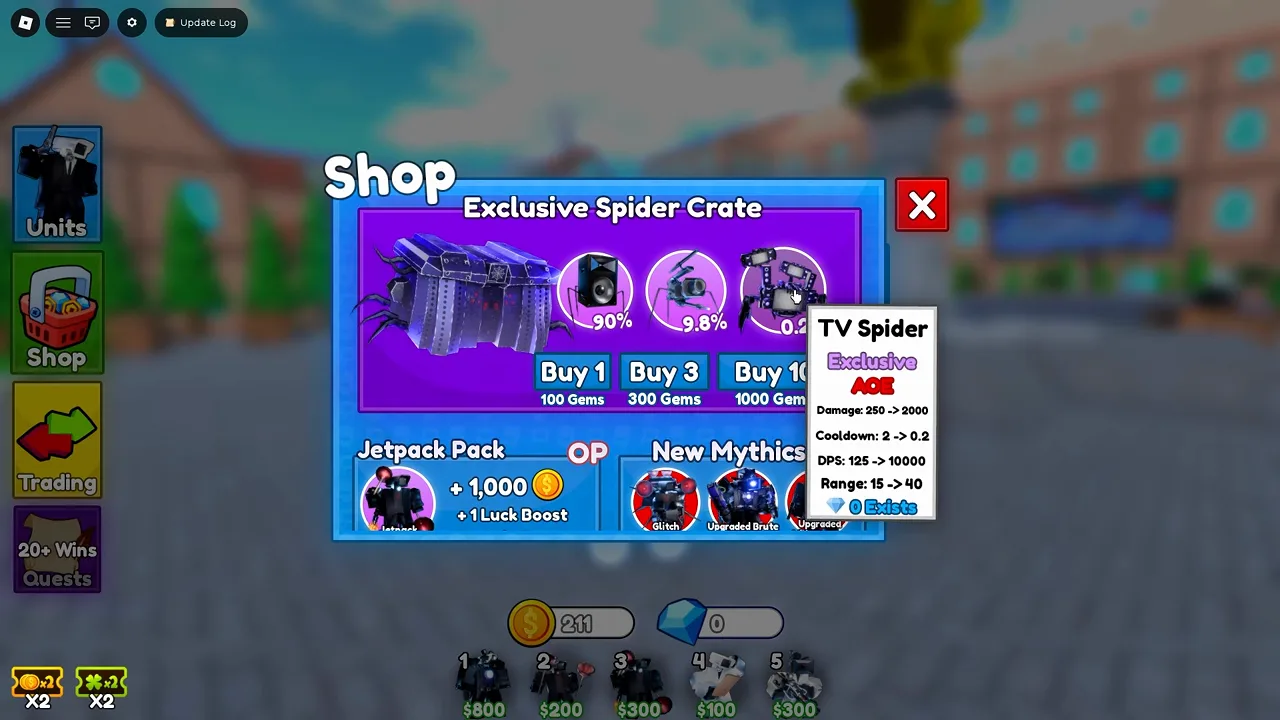 Cameraman Tower Defense Spider Crate exclusive odds and TV Spider max range 40 stat tooltip.