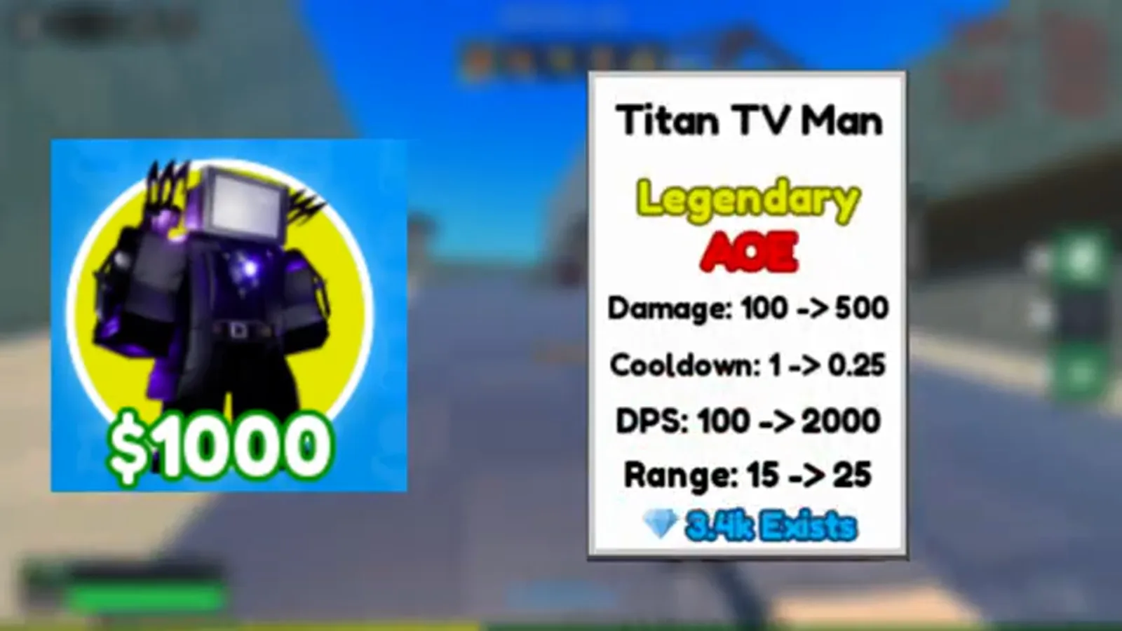 Stat card Legendary AoE Titan TV Man em Cameraman Tower Defense com custo 1000 dólares e 2000 DPS máximo alcance 15 a 25