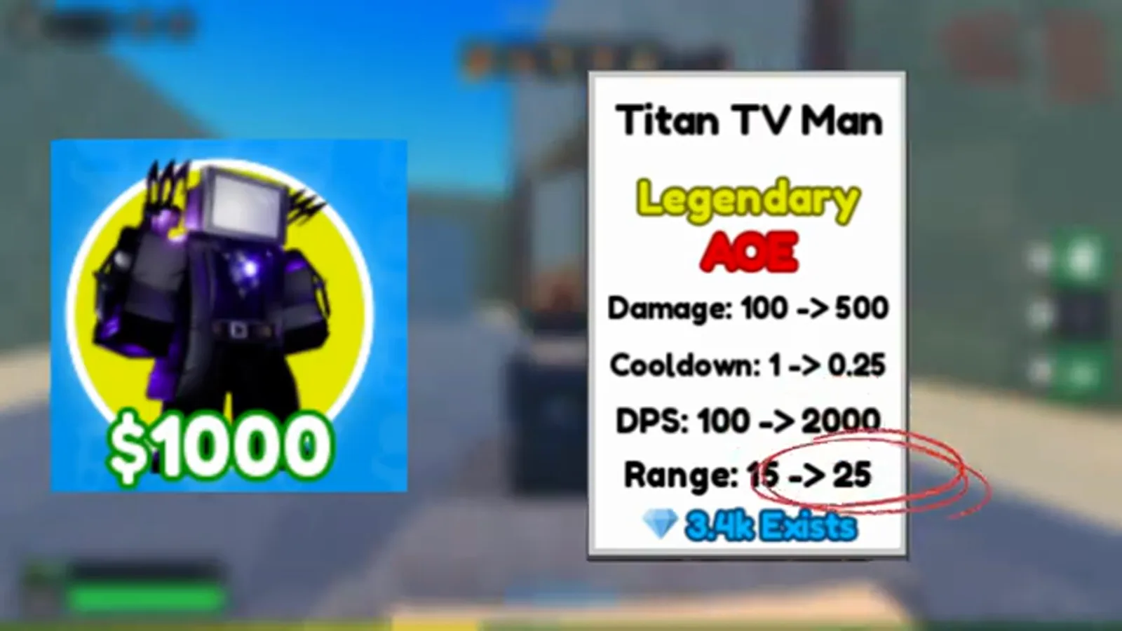 Frame do ranking do Menzi enfatizando escala de alcance 15 a 25 no stat card Legendary Titan TV Man