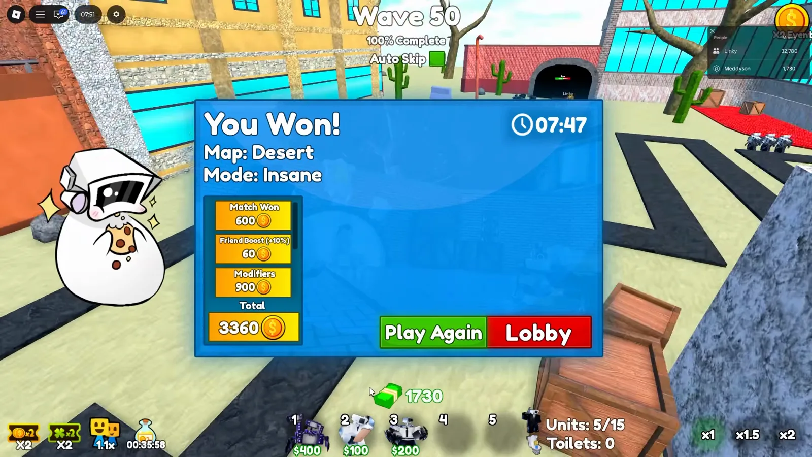 Popup de vitória Insane em Cameraman Tower Defense no Desert clear time 07:47 com 3360 coins totais e linhas de recompensa parciais