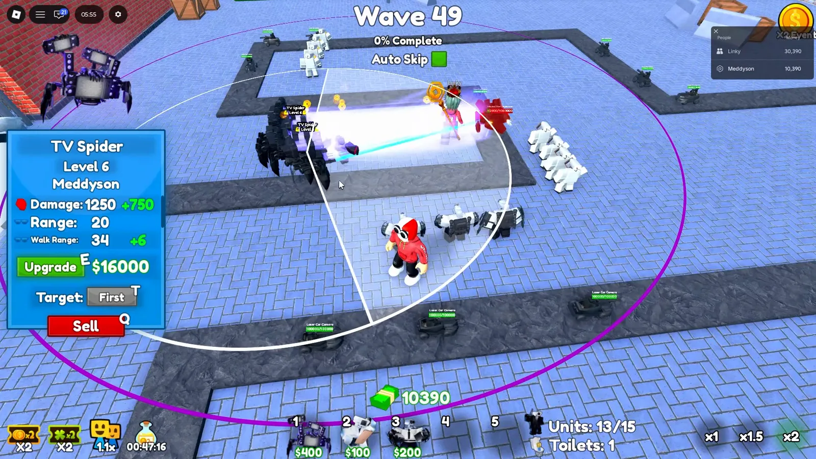 Painel level 6 do TV Spider na Wave 49 com 1250 damage e botão de upgrade 16000 dólares ao lado de ataque feixe roxo no mapa azul