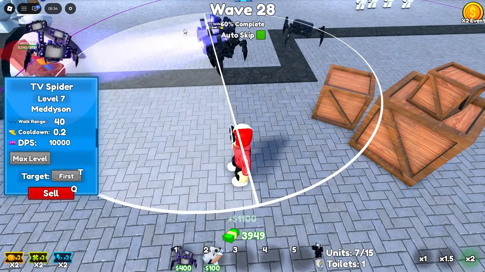 Painel de stats no nível máximo do TV Spider em Cameraman Tower Defense com 10000 DPS cooldown 0,2 e Walk Range 40 no level 7