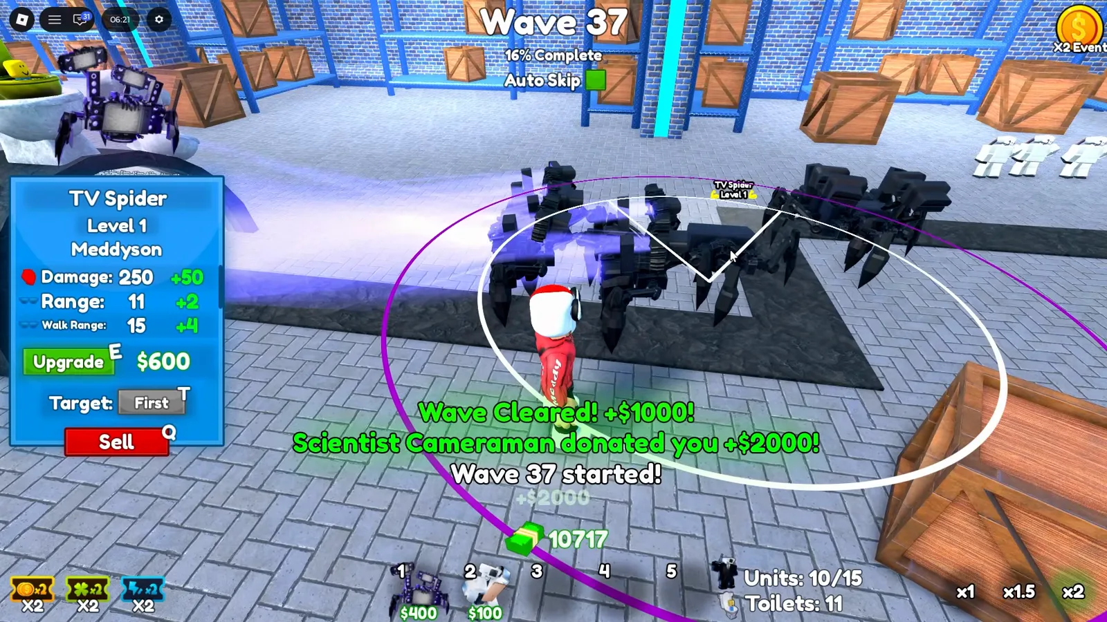 Cone roxo de ataque level 1 do TV Spider dentro do círculo branco de Walk Range no mapa warehouse de Cameraman Tower Defense