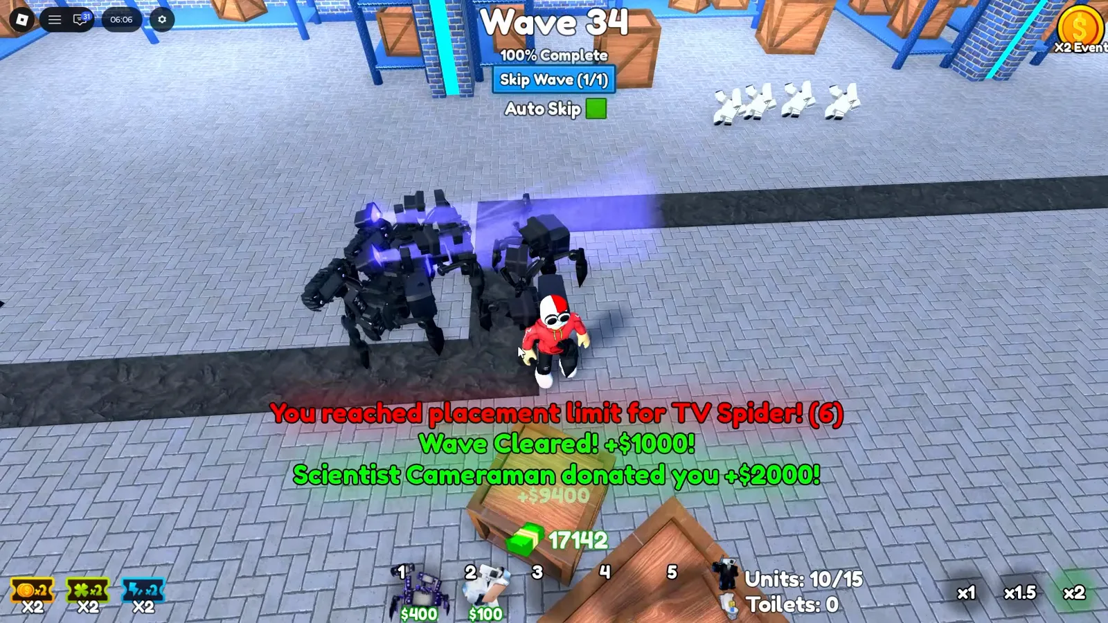 Run Insane em Cameraman Tower Defense com banner de limite de seis TV Spiders e custo 400 dólares no hotbar
