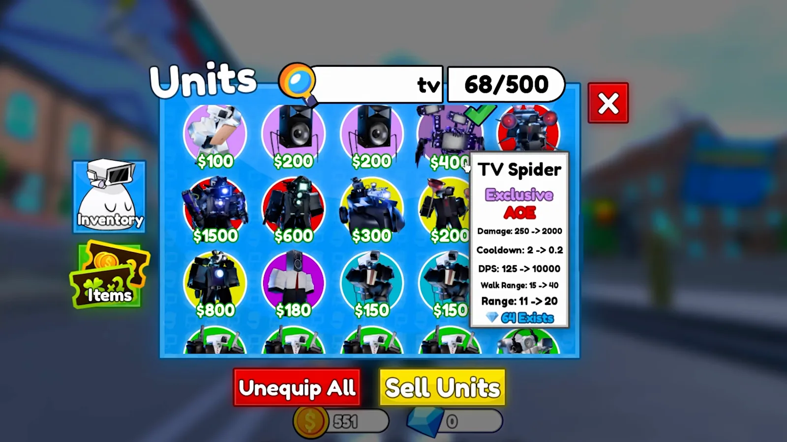 Card de stats Exclusive AoE do TV Spider em Cameraman Tower Defense com 10000 DPS máximo Walk Range 40 e alcance de ataque Range 20 e 64 Exists