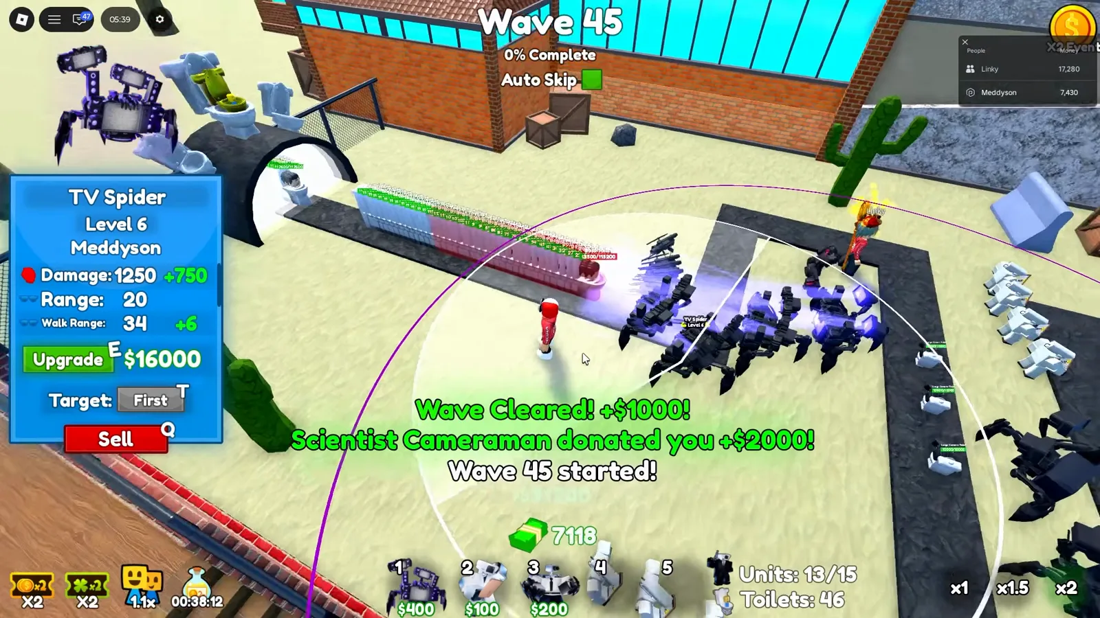 Wave 45 Insane Big Boss Toilet versus linha de TV Spider no mapa Desert de Cameraman Tower Defense