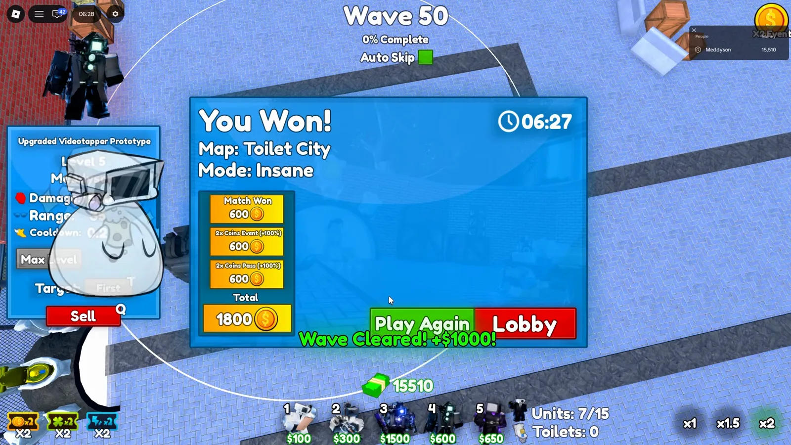 Vitória Insane em Cameraman Tower Defense no Toilet City em 6 minutos 27 segundos pagando 1800 coins sem Woman Crate na tela