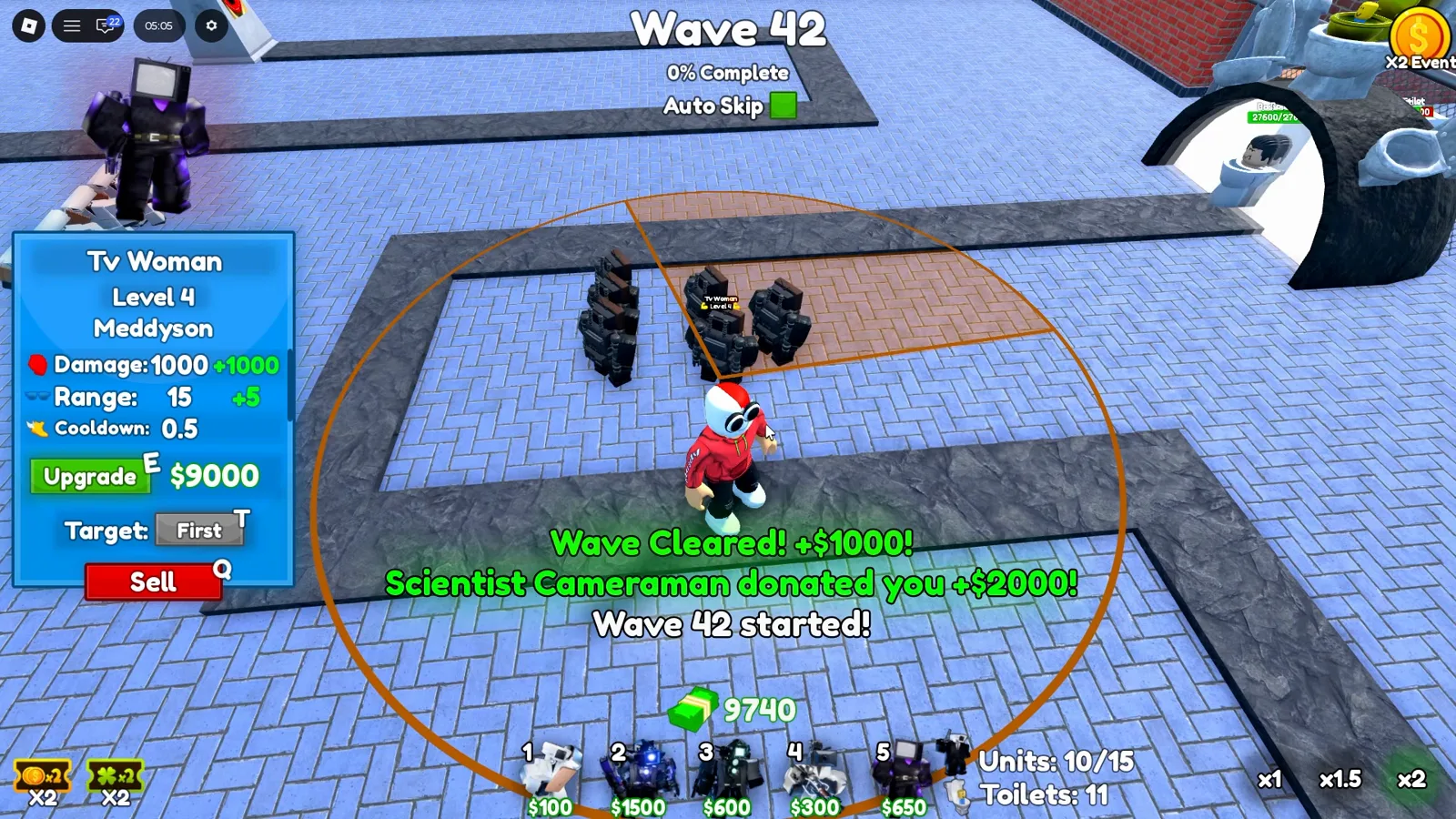 Painel de stats TV Woman level 4 na Wave 42 em Cameraman Tower Defense com 1000 mais 1000 damage alcance 15 e upgrade 9000 dólares