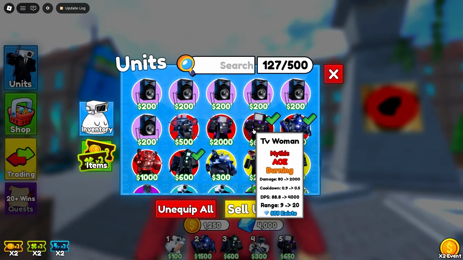 Card de stats Mythic AoE Burning Tv Woman no menu Units de Cameraman Tower Defense listando 4000 DPS máximo e 555 Exists