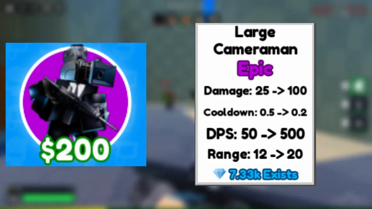 Large Cameraman Epic stat card in Cameraman Tower Defense showing 200 dollar cost and 500 max DPS with range 12 to 20