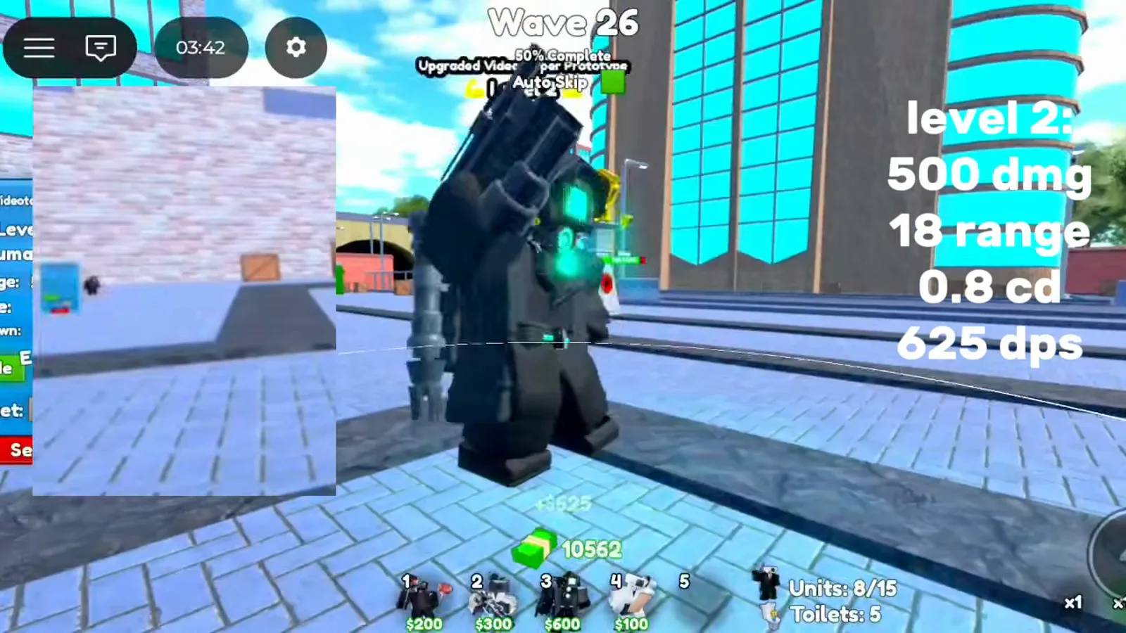 Overlay de stats Level 2 de Videotapper Prototype en Cameraman Tower Defense con 500 damage 18 range y cooldown 0.8 segundos