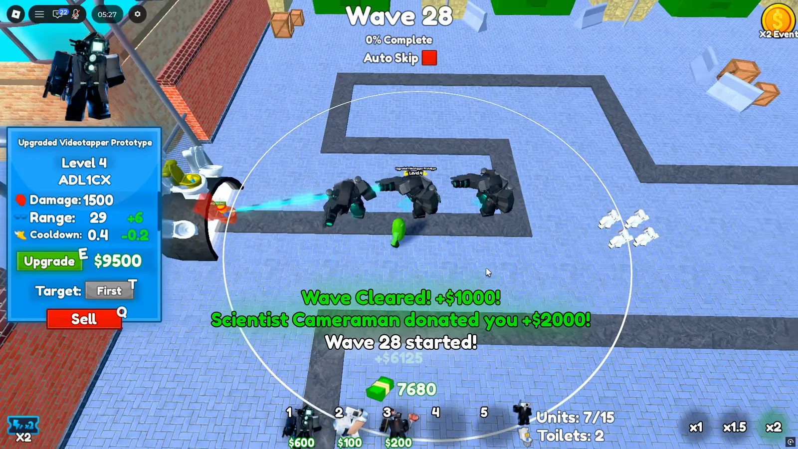 Panel upgrade Level 4 de Videotapper Prototype en Cameraman Tower Defense con 1500 damage y cooldown 0.4 segundos antes del max level
