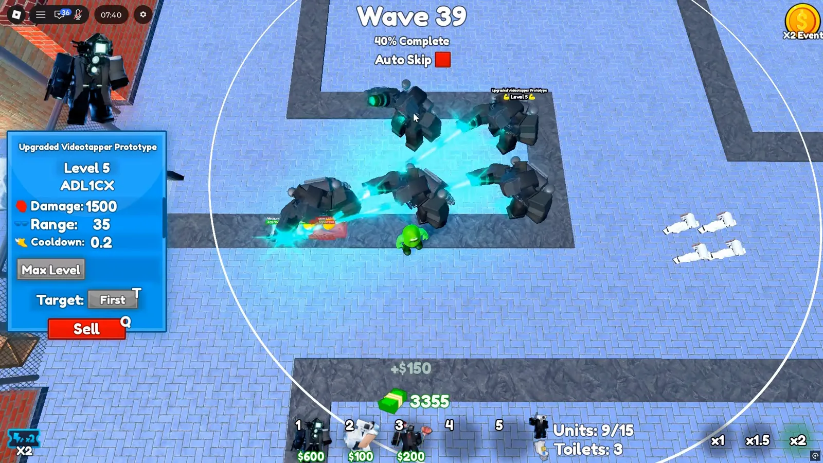 Panel de stats Level 5 Max Level de Videotapper Prototype en Cameraman Tower Defense con 1500 damage 0.2 cooldown y botón Max Level
