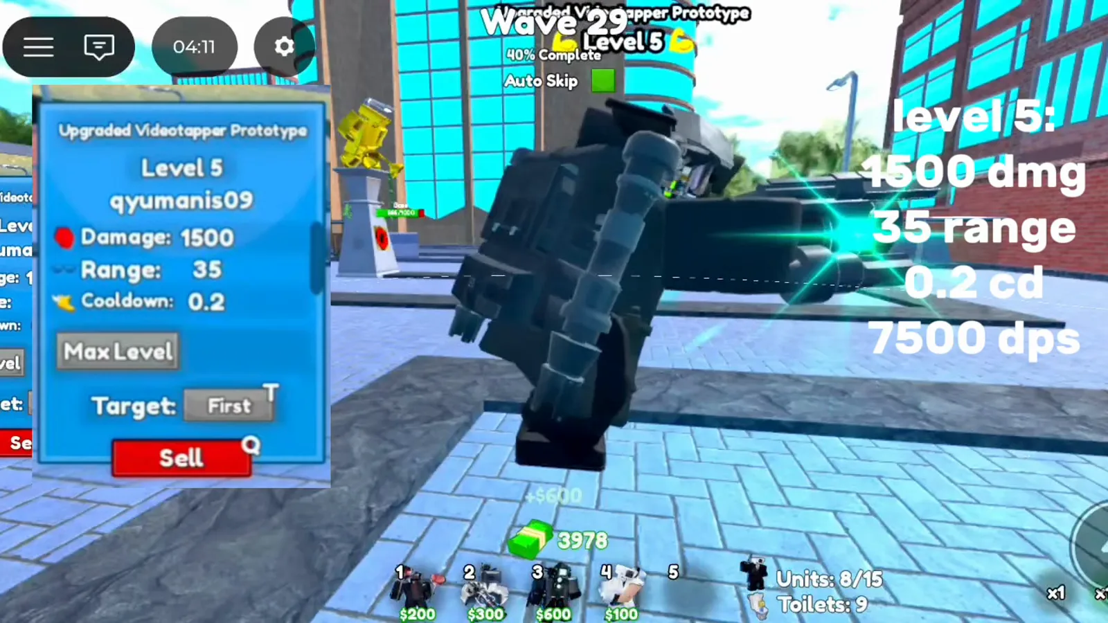 Tarjeta de stats Level 5 máximo de Upgraded Videotapper Prototype en Cameraman Tower Defense con 1500 damage 0.2 cooldown y 35 range