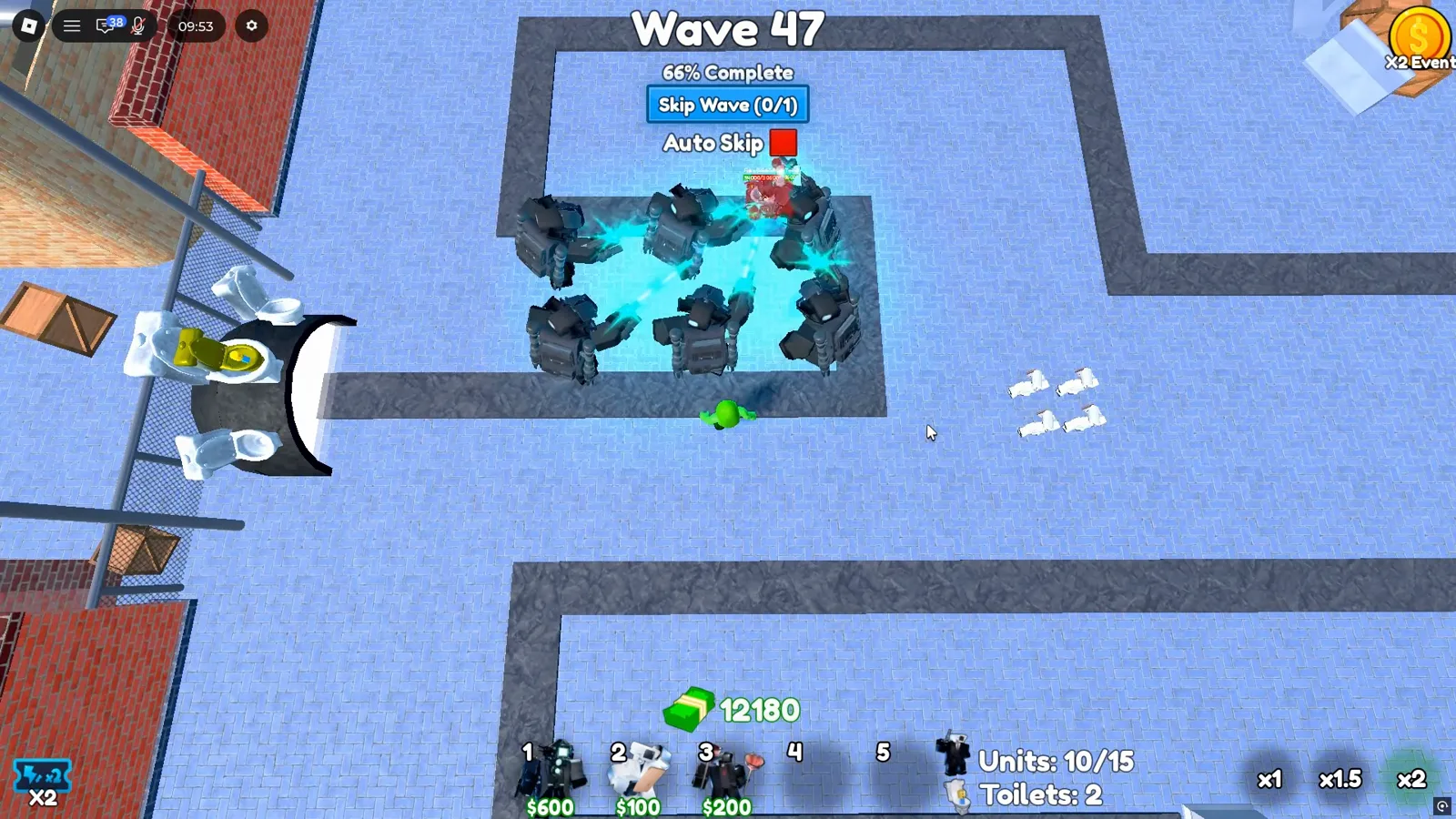 Campo Insane oleada 47 en Cameraman Tower Defense con seis Videotapper Prototypes disparando rayos cyan cuatro Scientists blancos pequeños y 12180 cash
